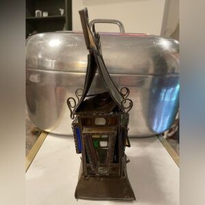 Antique Asian copper and stained glass hanging or tabletop oil lamp.